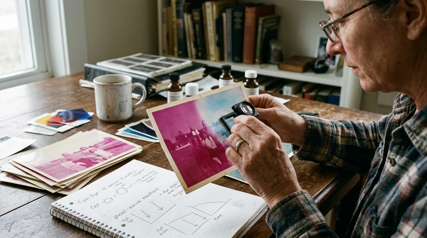 Person using a magnifying loupe to examine a faded magenta-toned vintage photograph at a desk with chemical notes.