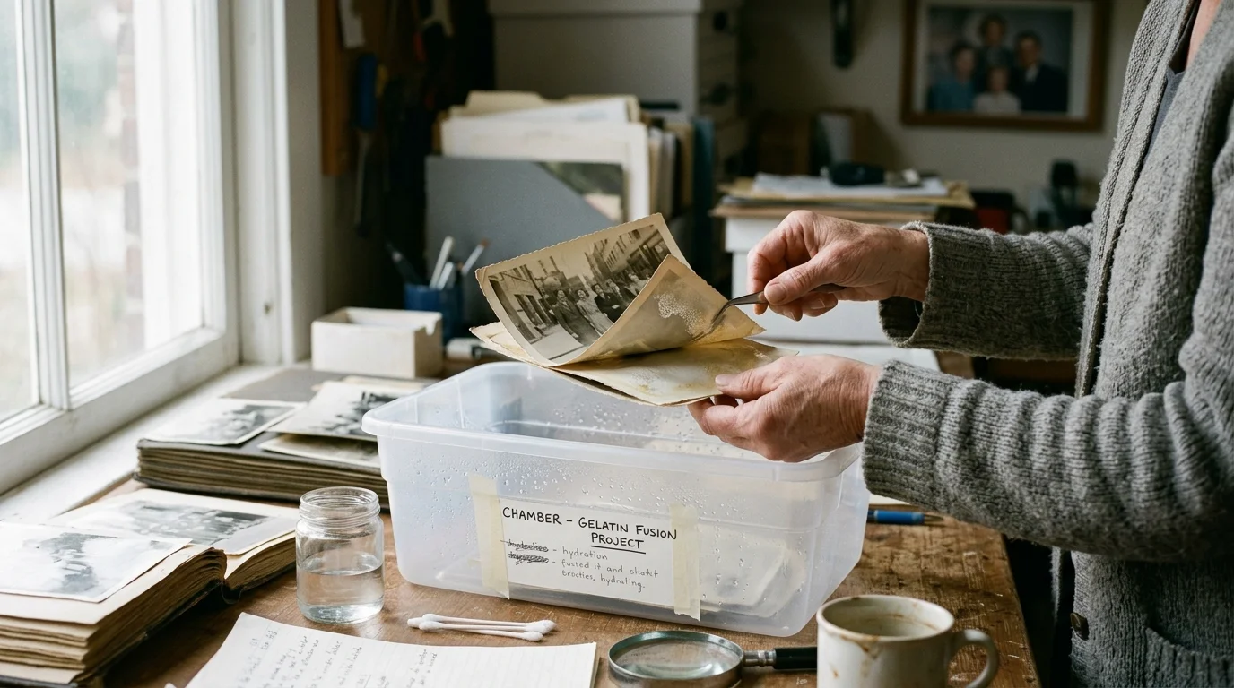A person using tweezers to gently lift fused black-and-white photographs over a plastic vapor chamber on a workbench.