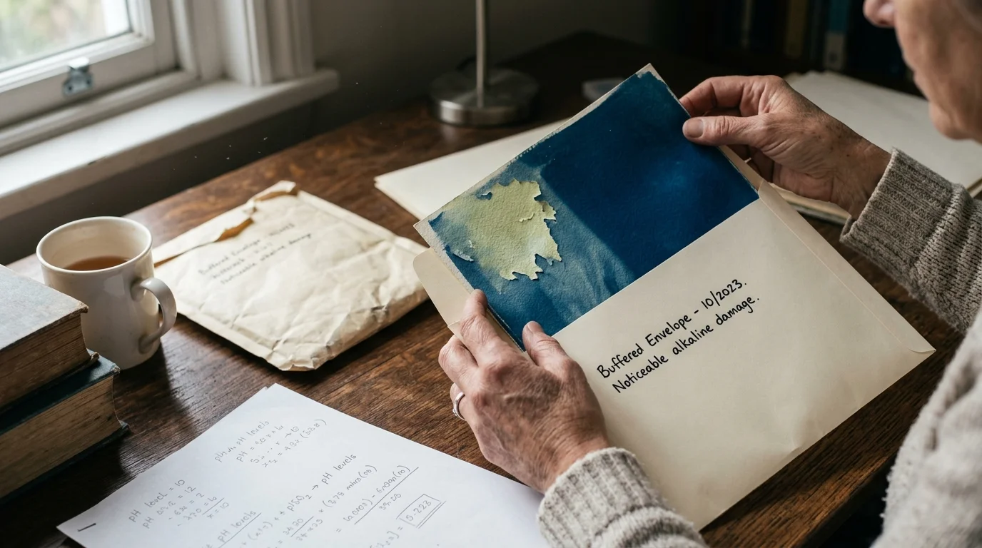 Person holding a blue cyanotype print with yellow discoloration pulled from an envelope labeled alkaline damage.