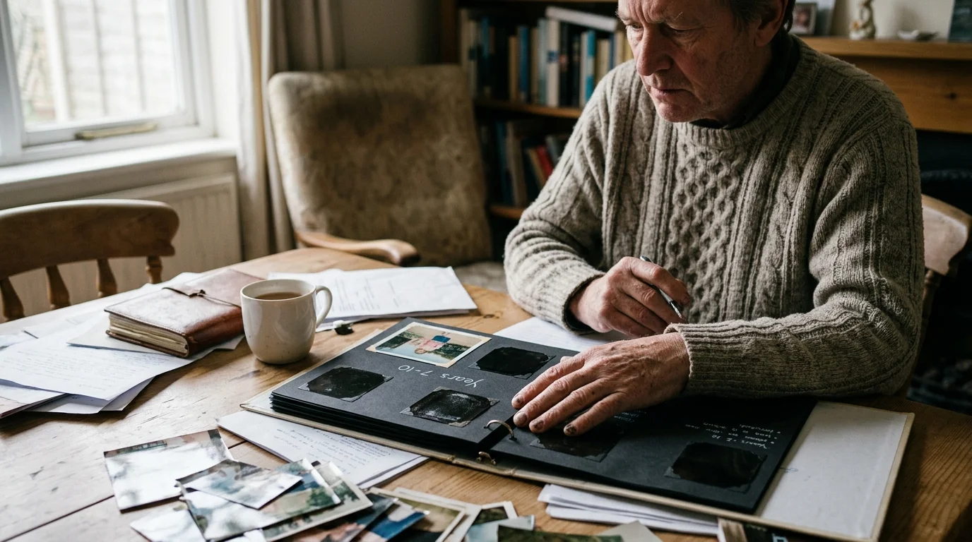 Man in a knit sweater sits at a wooden table assembling a black-page photo album surrounded by loose snapshots.
