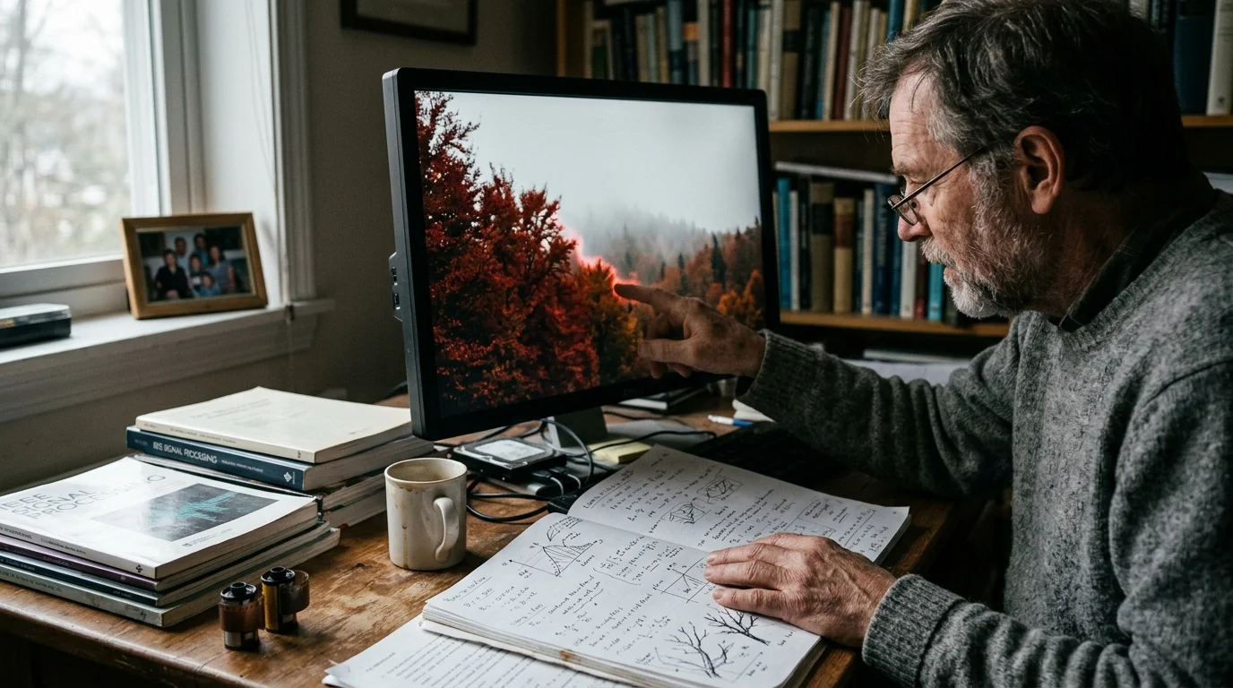 A man wearing glasses points at a computer monitor displaying an autumn forest landscape while reviewing handwritten notes.
