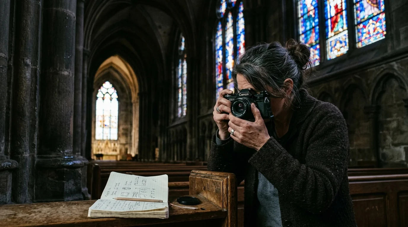 Woman holding camera to her eye while leaning against a wooden church pew next to an open notebook in a cathedral.