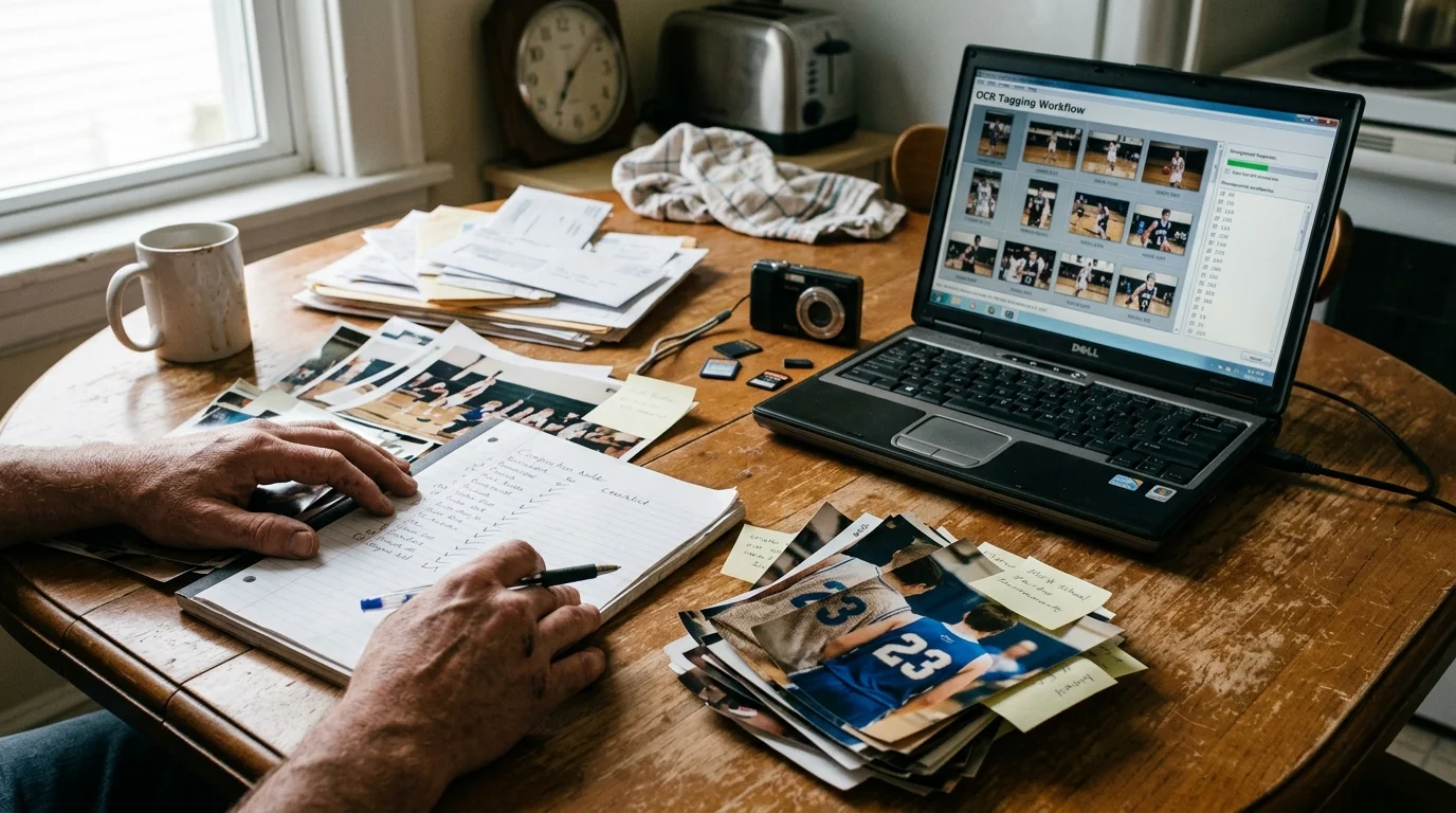 Person writing notes on paper beside printed basketball photos, SD cards, and a laptop running photo tagging software.