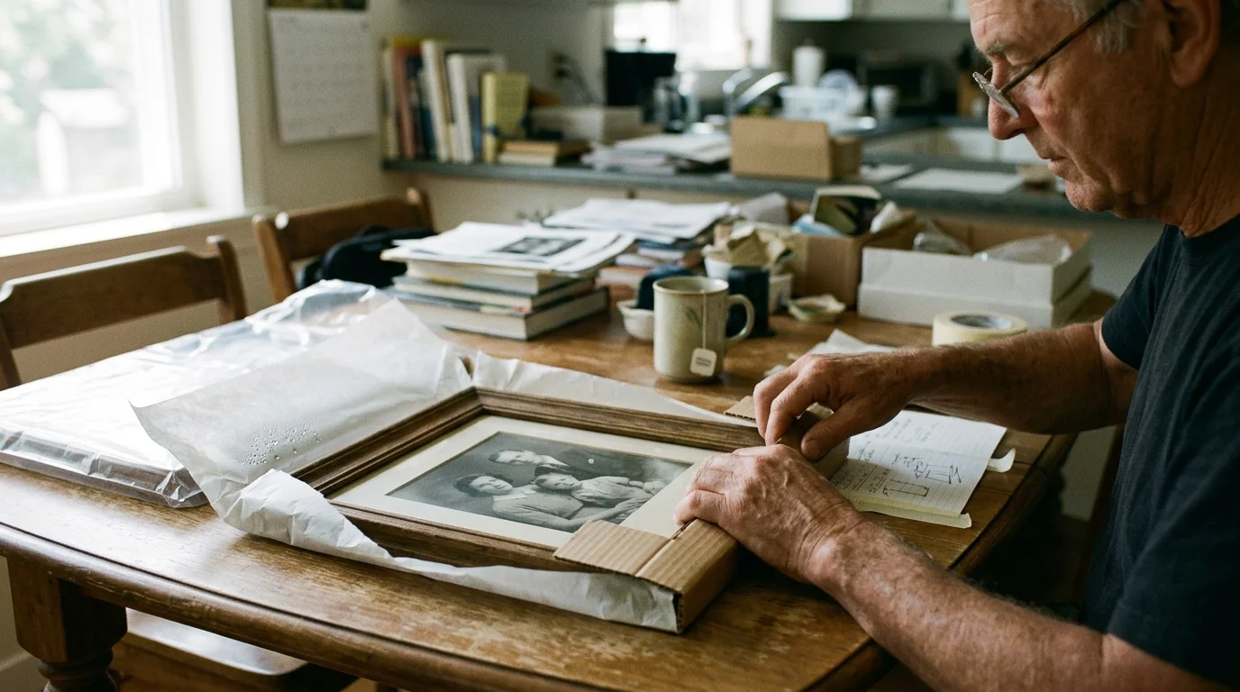 A man wearing glasses attaches corrugated cardboard protectors to the corners of a framed vintage portrait on a wooden table.