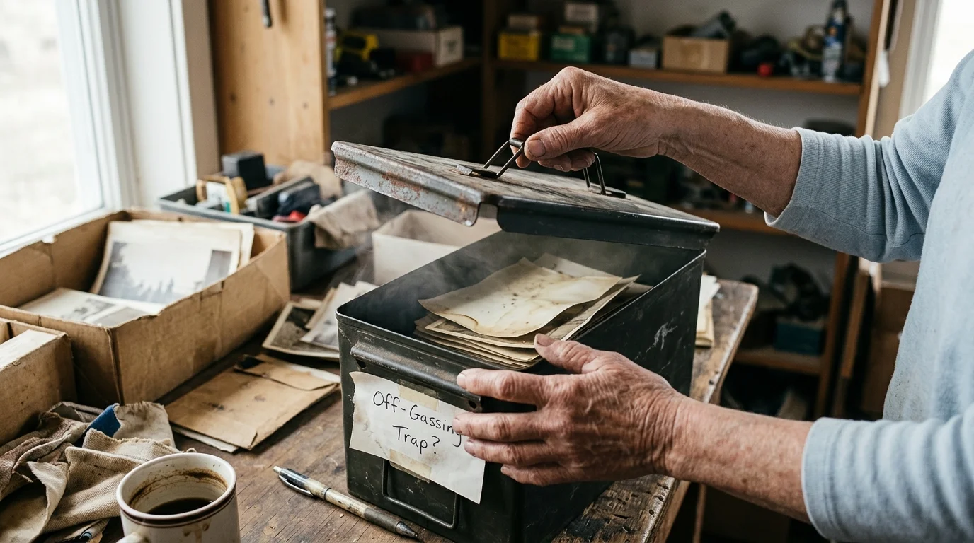 A person opening an old metal ammo box filled with aged documents and photos, labeled Off-Gassing Trap.