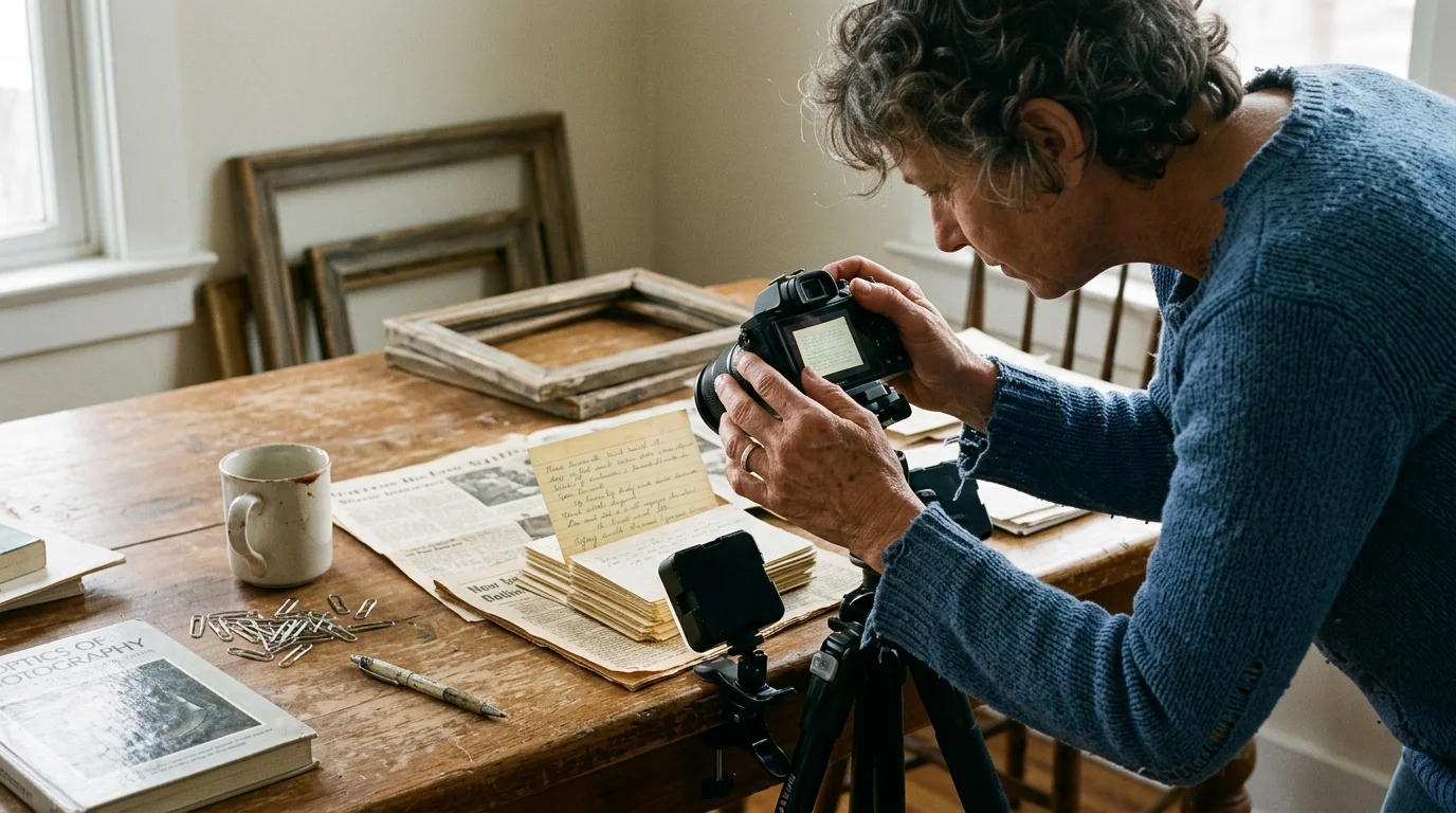 A person photographs a stack of vintage papers on a wooden table using a camera mounted on a small tripod.
