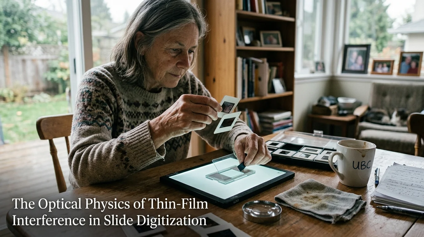 A woman sitting at a wooden table examines photographic slides over an illuminated light pad.