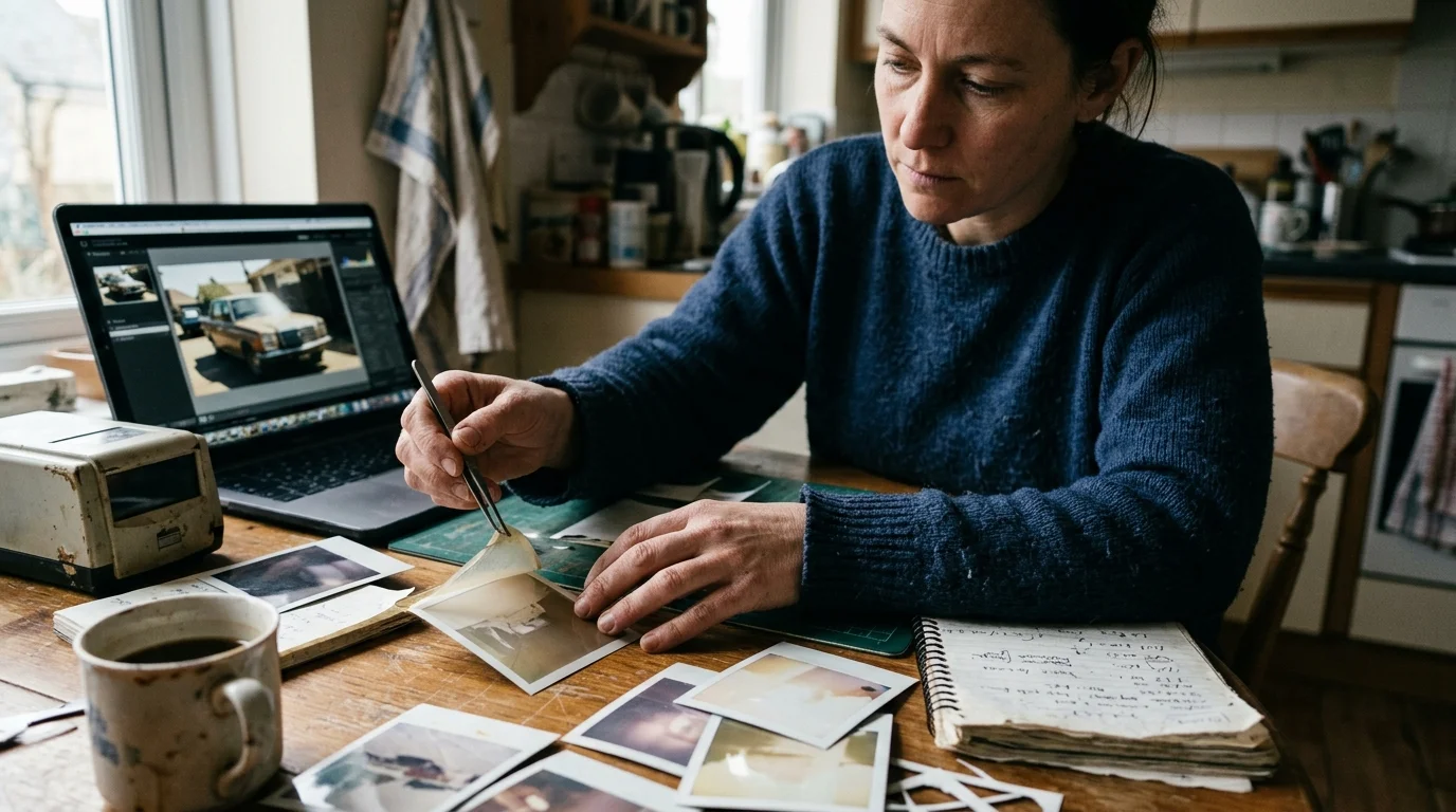 A woman uses tweezers to peel a Polaroid print on a wooden desk beside a laptop showing a photo of a car.