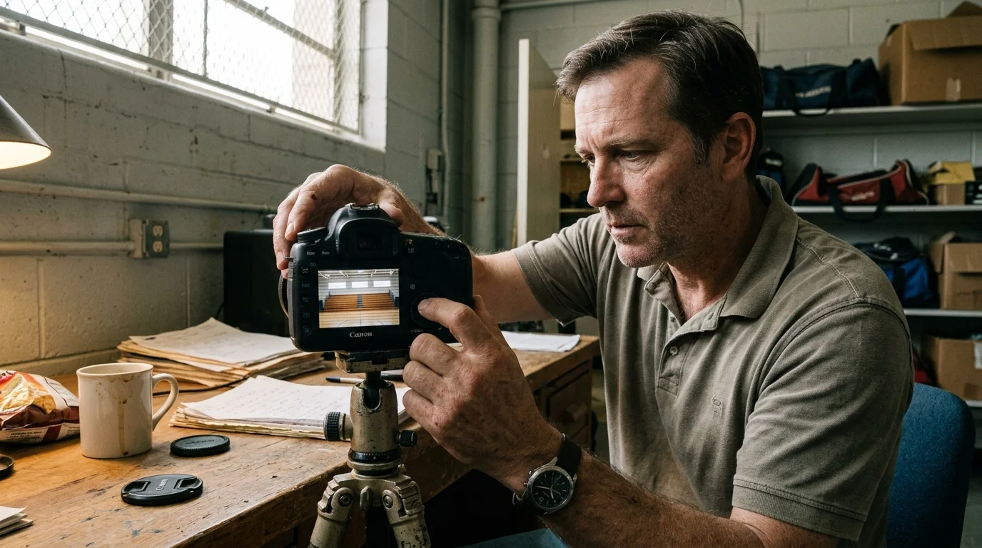 A man adjusts a DSLR camera mounted on a tripod, viewing an empty gym court displayed on the rear LCD screen.