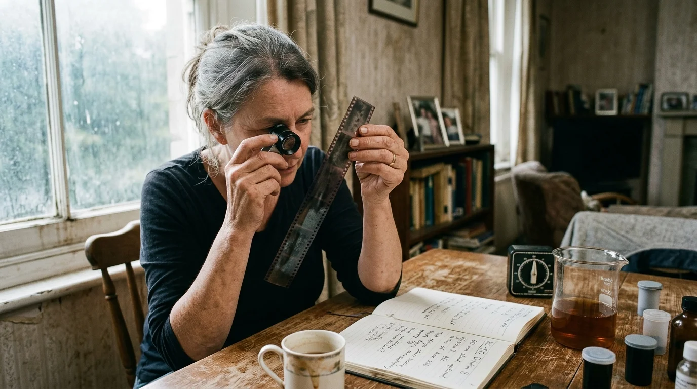 A woman inspects a strip of film negatives using a loupe magnifier at a wooden desk with a notebook and beaker.