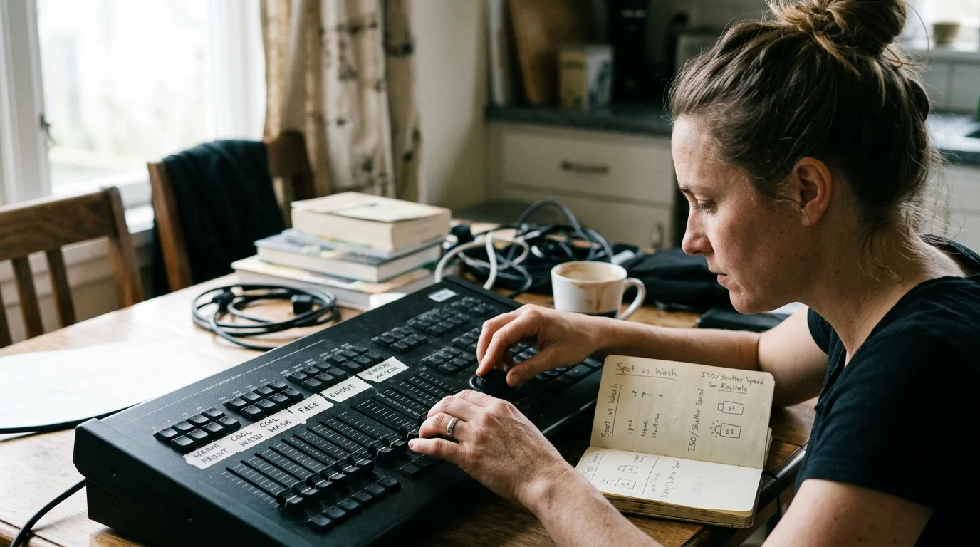A woman adjusts faders on a black lighting control console beside an open notebook and coffee cup on a wooden table.