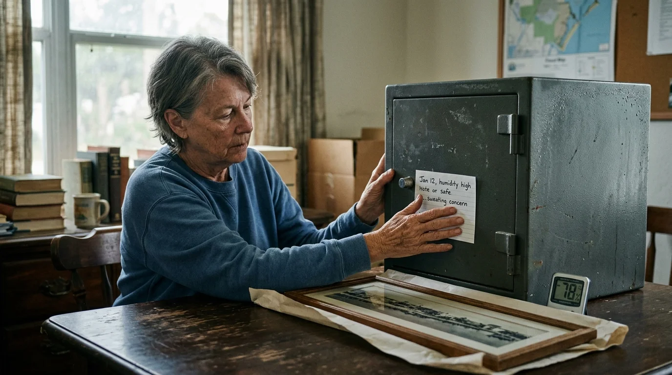 A woman touching a note stuck to a gray metal safe on a table next to a framed panoramic photograph and a digital monitor.