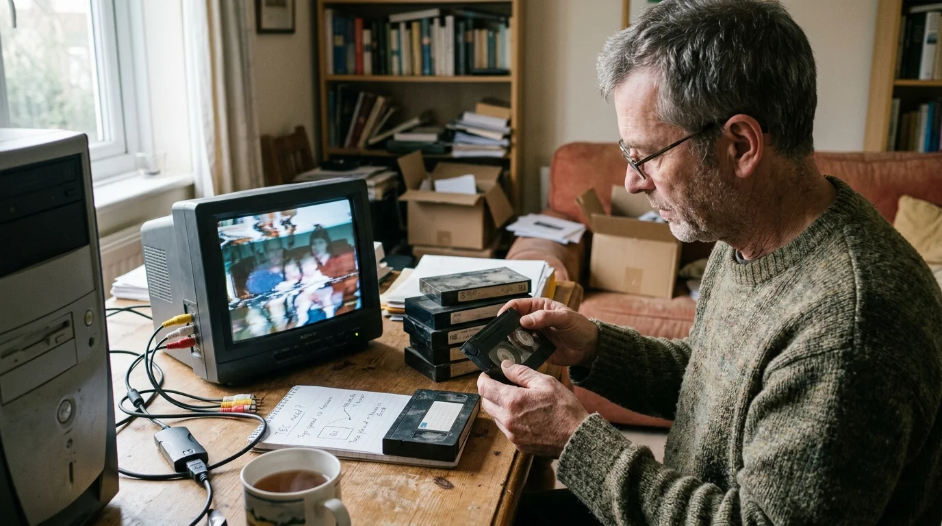 Man holding a video cassette at a wooden desk with a small CRT monitor playing distorted footage and stacked tapes.