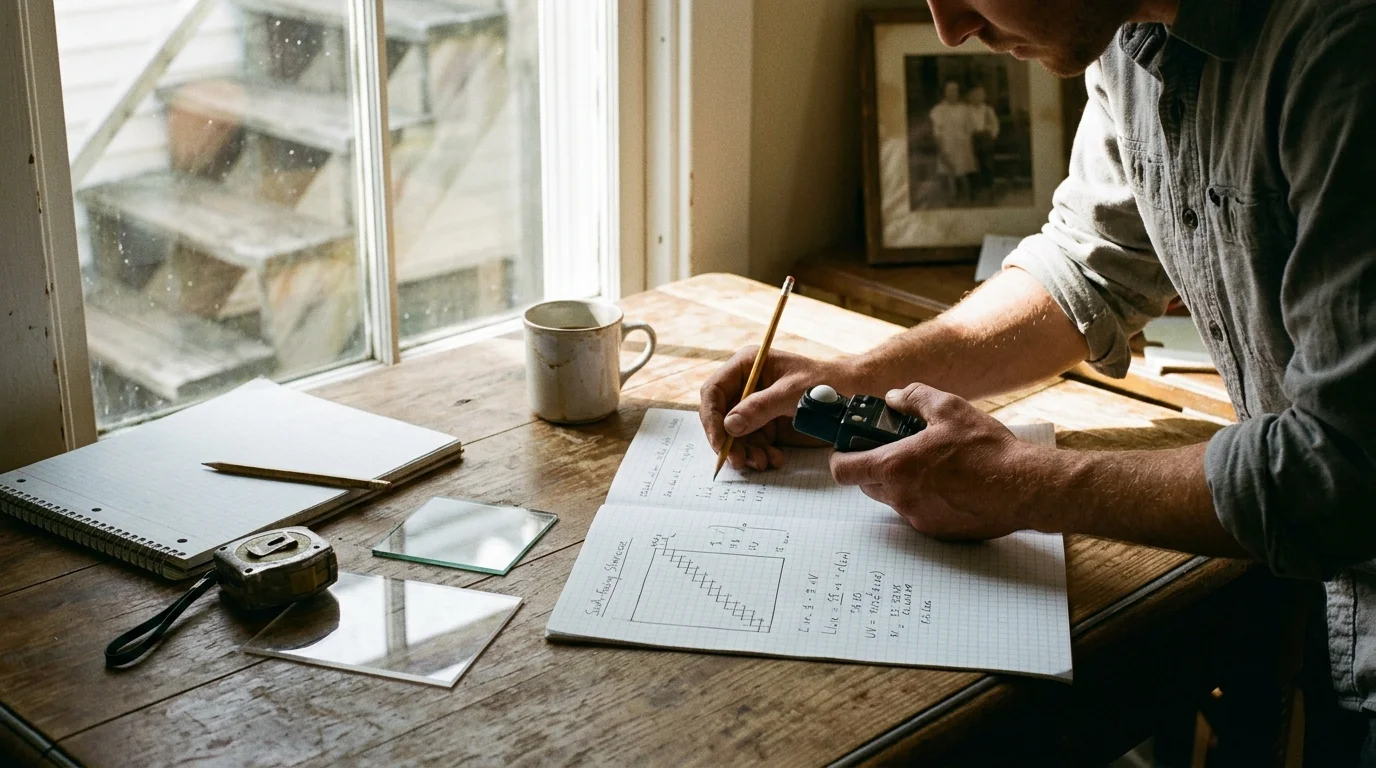 A man at a wooden table beside a window writes in a notebook while holding a light meter near glass samples.