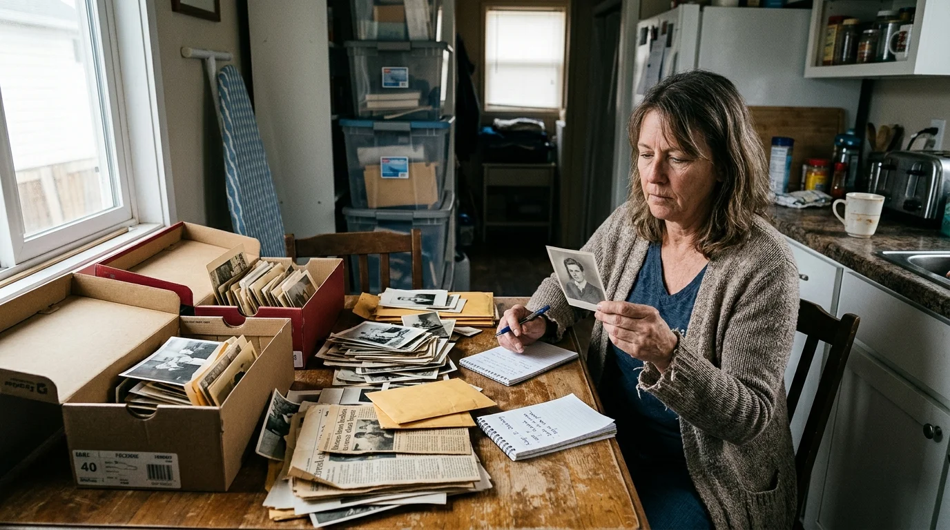 A woman sorts vintage photographs and papers at a kitchen table surrounded by cardboard boxes and notebooks.
