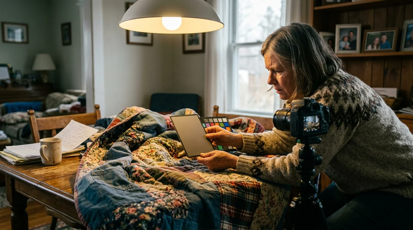 A woman holds a gray card and color chart over a patchwork quilt on a table beneath a low pendant lamp.