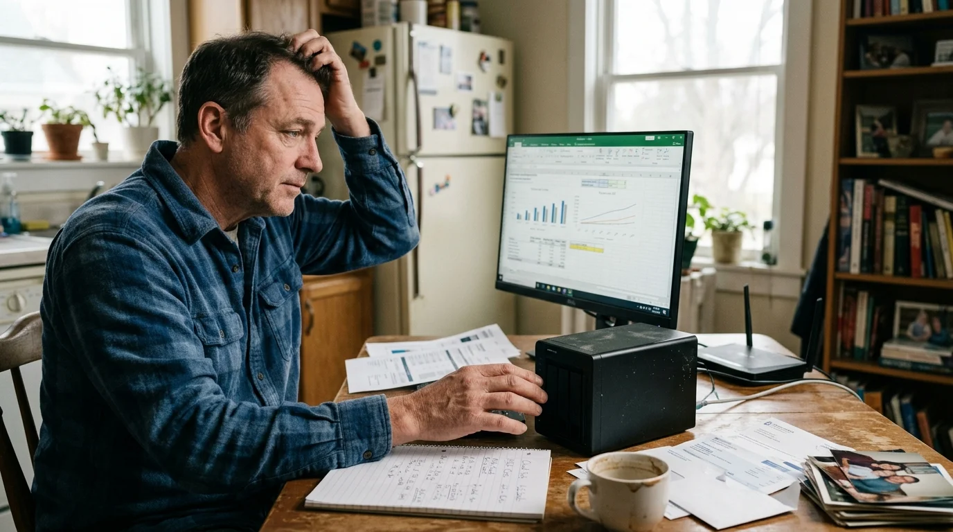 A man scratching his head while reviewing spreadsheet data on a monitor next to a compact black NAS device.