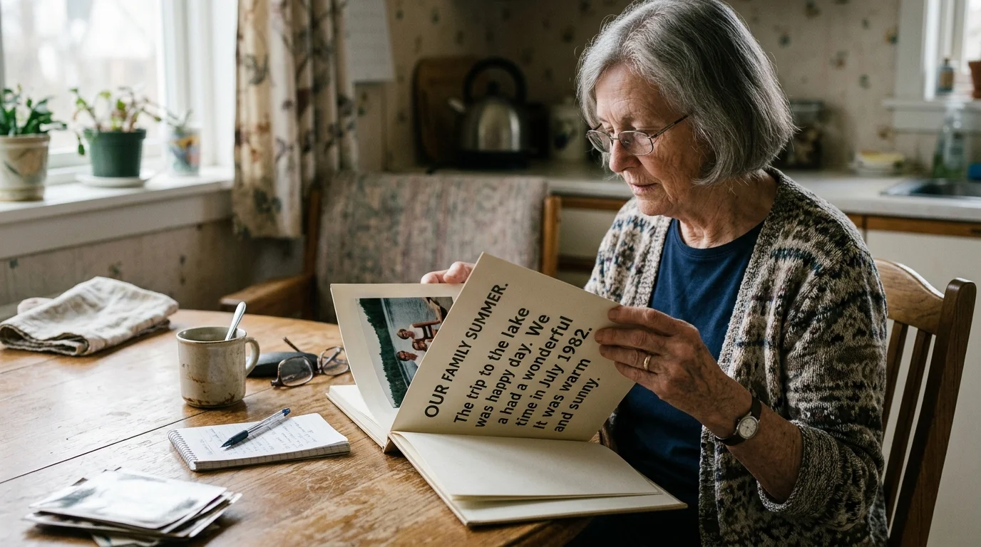 An older woman with glasses sitting at a kitchen table, reading a memory album with large, bold text.