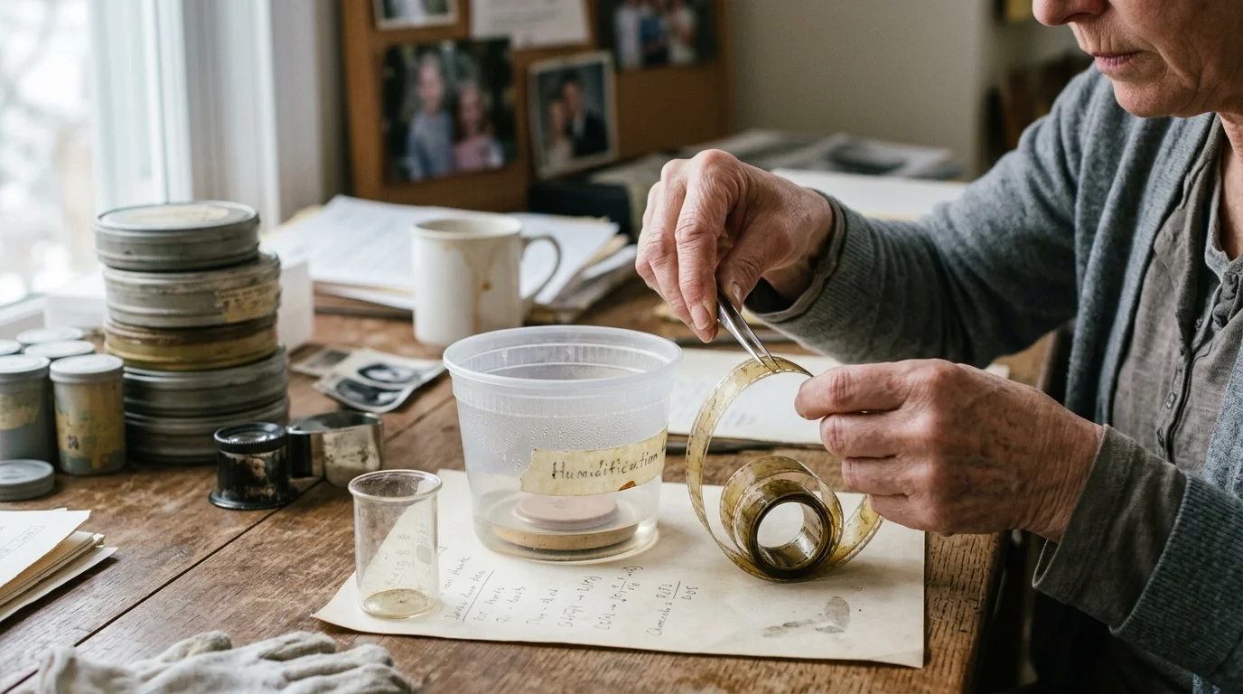 A person uses tweezers to examine a tightly curled roll of film beside a plastic humidification container on a wooden desk.
