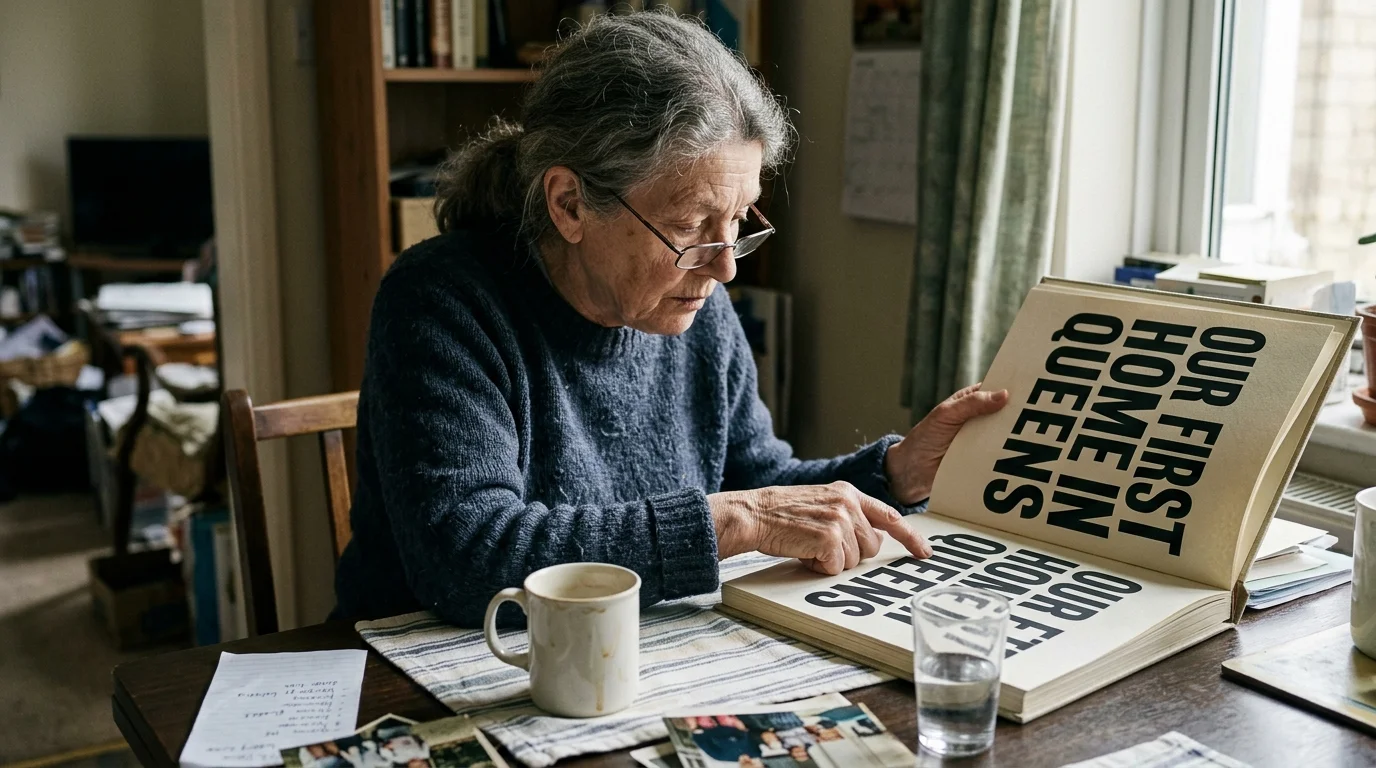 An older woman wearing eyeglasses sits at a wooden table and reads a large-print book beside a mug of coffee.