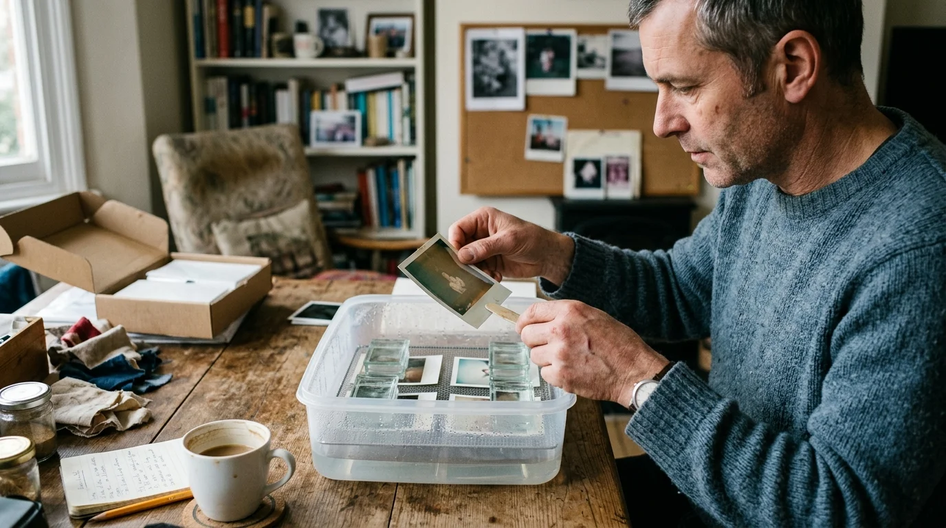 A man at a wooden table examines a vintage instant photograph above a clear plastic humidity chamber holding prints.