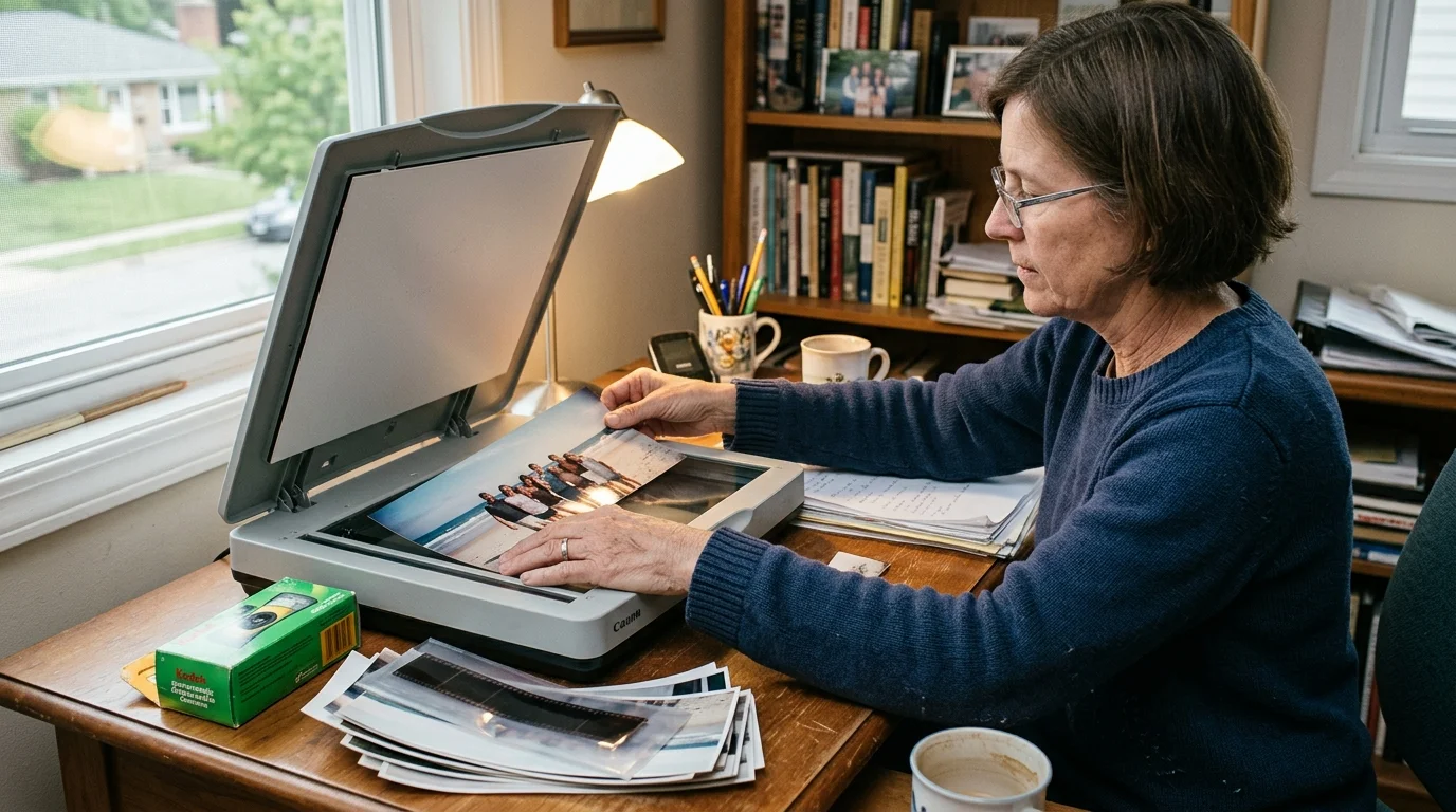 A woman placing a long panoramic photograph onto an open flatbed scanner on a wooden desk.