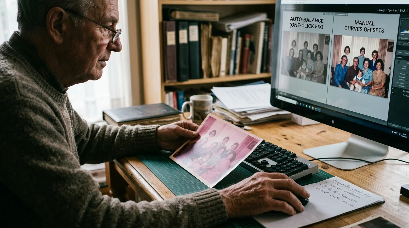 A man holds a faded magenta photo at a computer comparing auto-balance and manual curves offset corrections on screen.