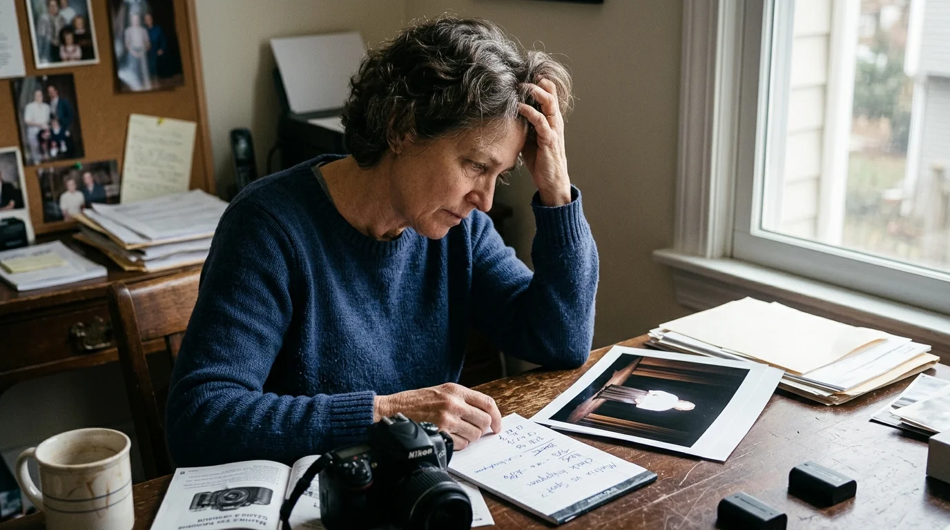 A woman rests her head in frustration at a desk with notes, a DSLR camera, and an overexposed stage recital photo.