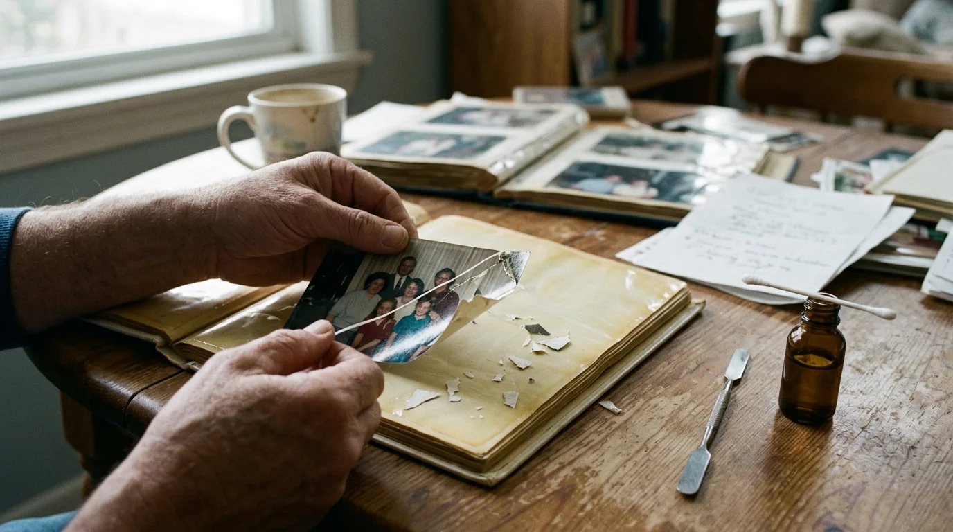 Hands using string to peel a torn family photograph from a yellowed album page beside a solvent bottle and spatula.