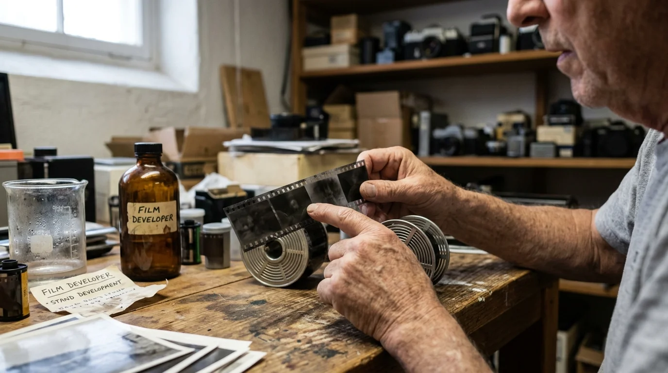 A man holds up a strip of developed 35mm film negatives over a wooden workbench with chemical bottles and reels.