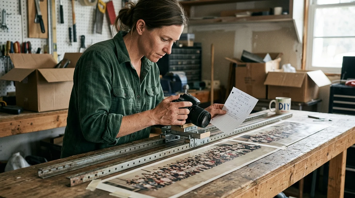 A woman in a workshop adjusts a camera mounted on a metal track above a long panoramic class photograph.