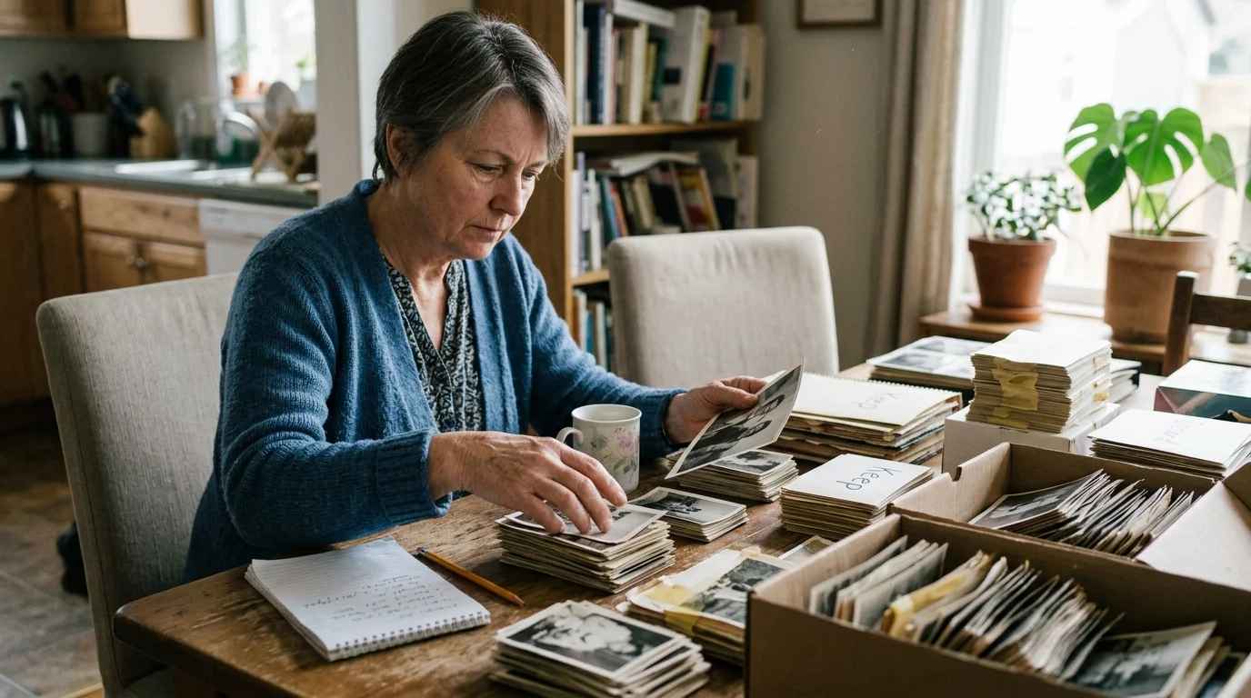 A woman in a blue cardigan sorts stacks and boxes of old black-and-white photographs at a wooden dining table.
