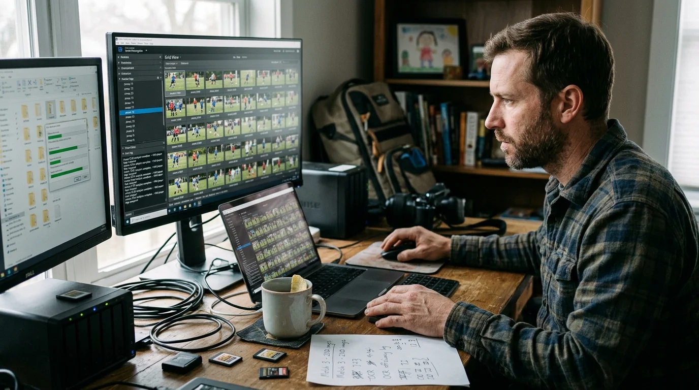 Man working at a desk with multiple monitors displaying sports photo grids and file transfer progress bars.