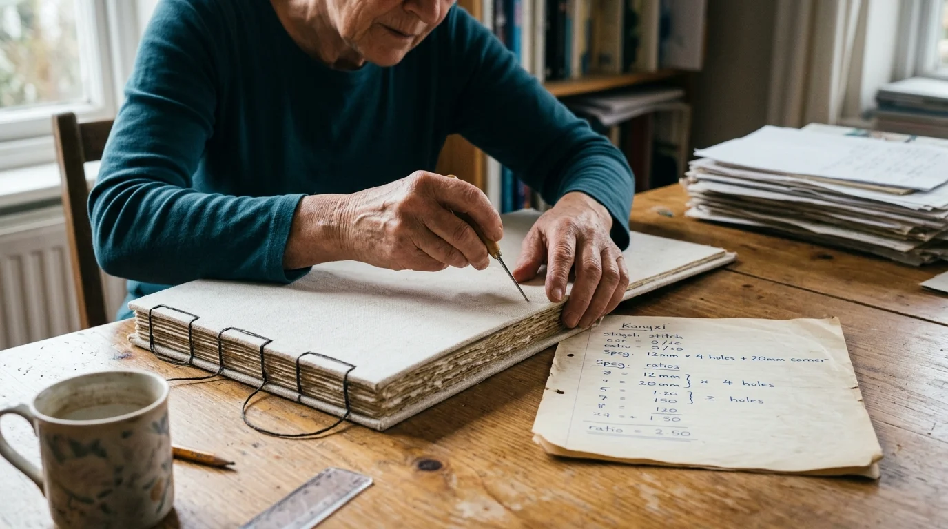A person using an awl to pierce holes in a stab-bound book next to handwritten calculation notes on a wooden desk.