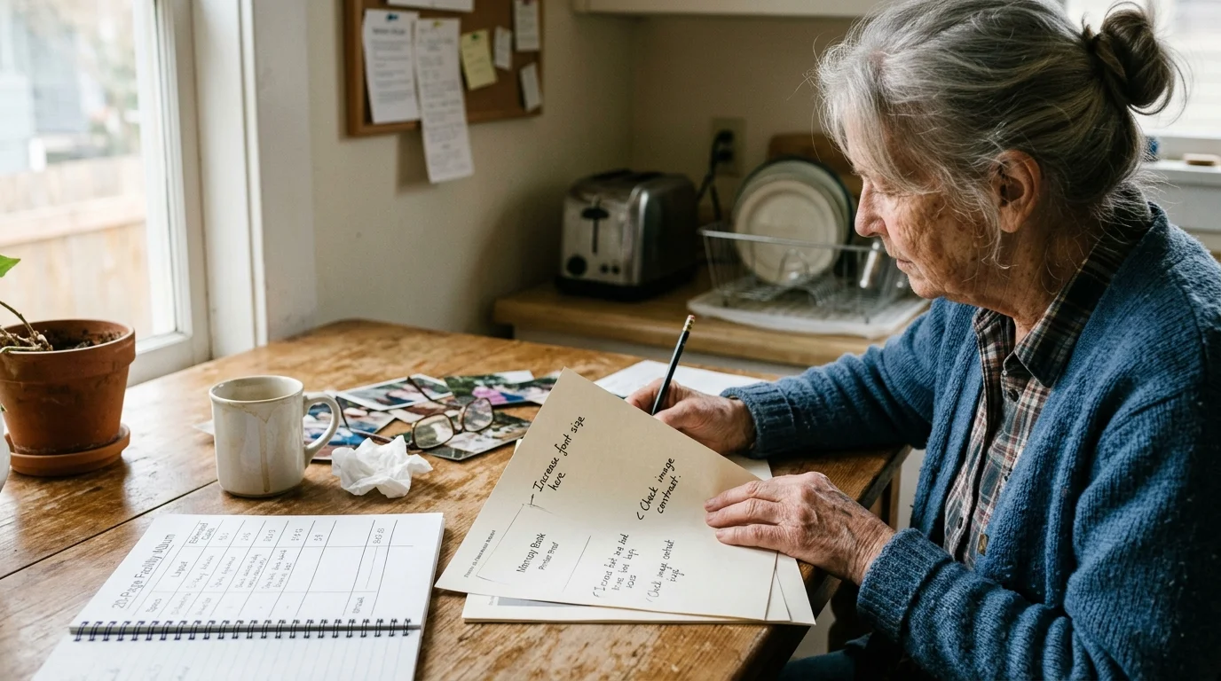 An older woman seated at a wooden table sketches layout notes on paper alongside old family photos and a notebook.
