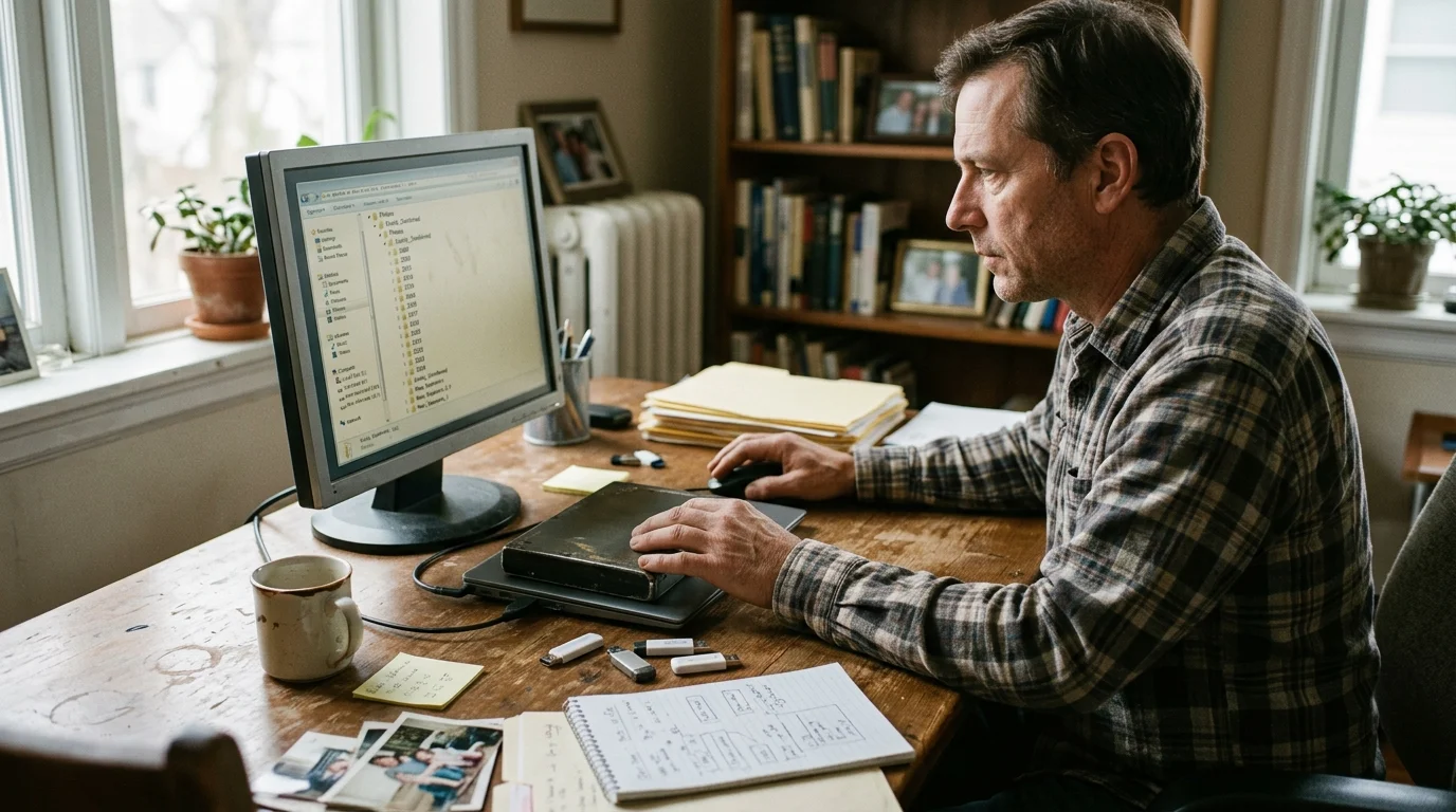 A man sitting at a wooden desk with a computer monitor, external drive, flash drives, notepad, and physical photos.