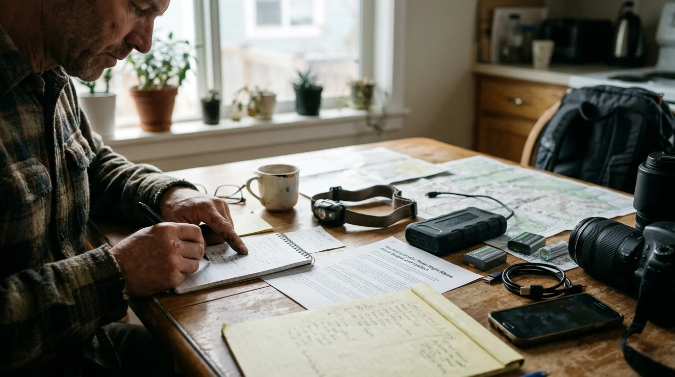 A man sitting at a wooden table writing notes next to maps, a power bank, camera gear, and a headlamp.