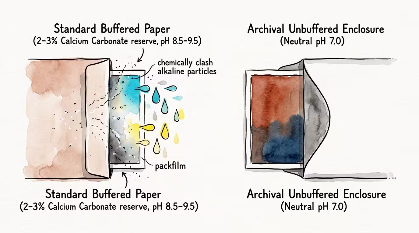 Diagram comparing standard buffered paper degrading a photo versus an archival unbuffered neutral enclosure holding a print.