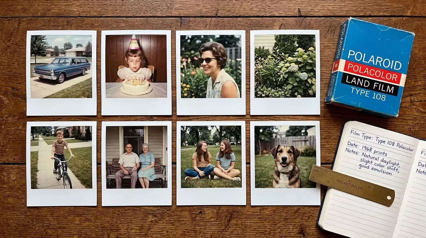 Eight vintage Polaroid prints arranged on wood beside a blue film box, a pocket ruler, and an open notebook.