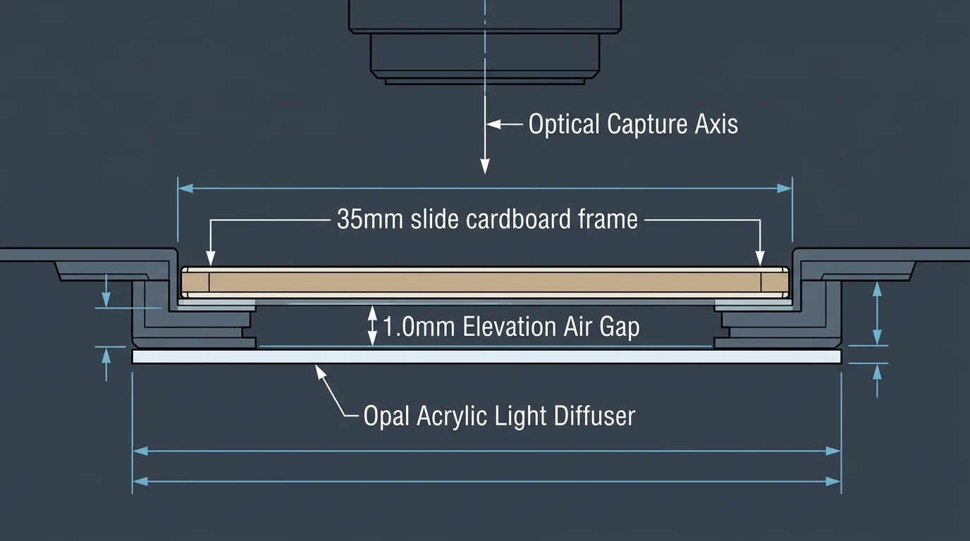 Cross-section diagram of a slide carrier showing a 1.0mm elevation air gap above an opal acrylic light diffuser.
