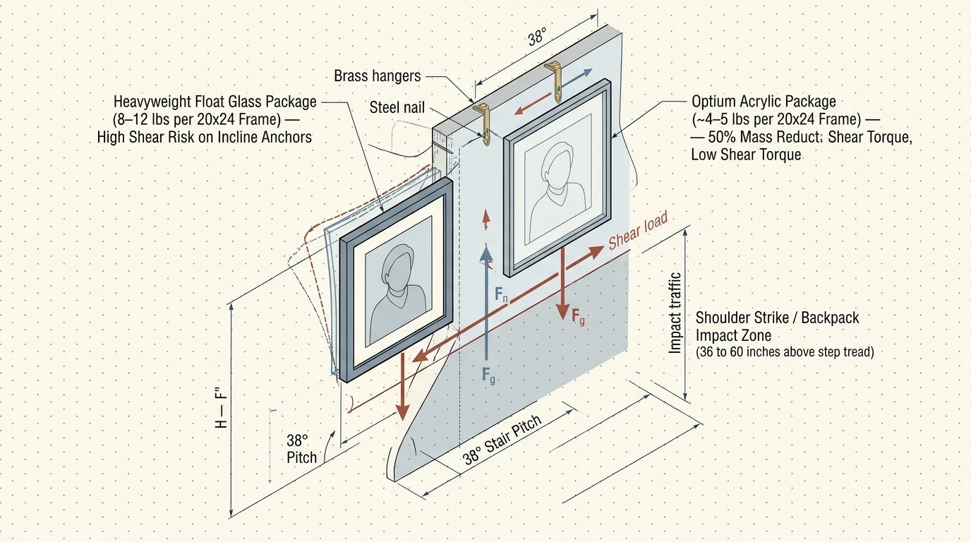 Diagram analyzing shear load, weight forces, and impact zones for glass and acrylic frames on a 38-degree staircase wall.
