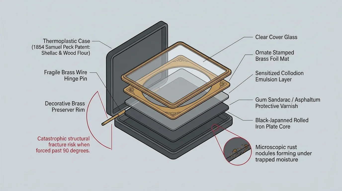 Exploded diagram of a thermoplastic tintype case detailing glass, mat, collodion, iron plate, and hinge fracture risk.