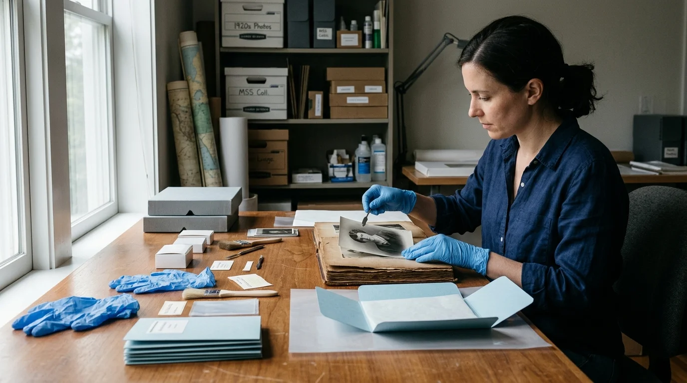 A conservator wearing blue gloves uses a small tool to inspect an old photograph beside archival boxes and an album.