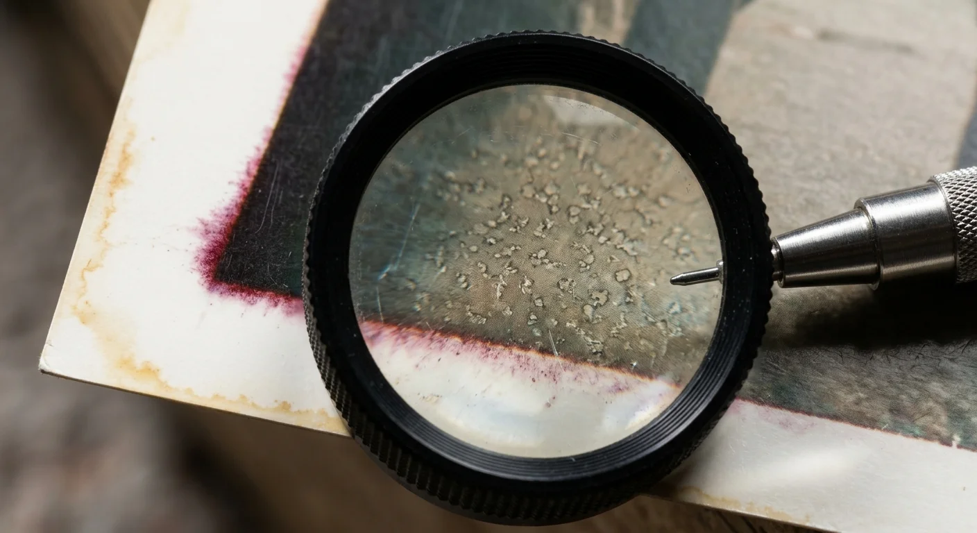 A magnifying loupe and metal stylus focus on the discolored, stained border of an old photograph.
