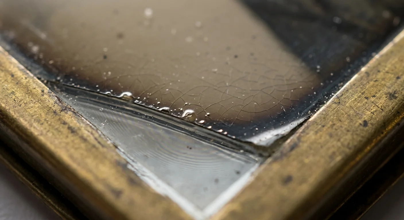 Close-up of cracked, lifting collodion emulsion on a vintage photograph plate set inside an antique brass frame.