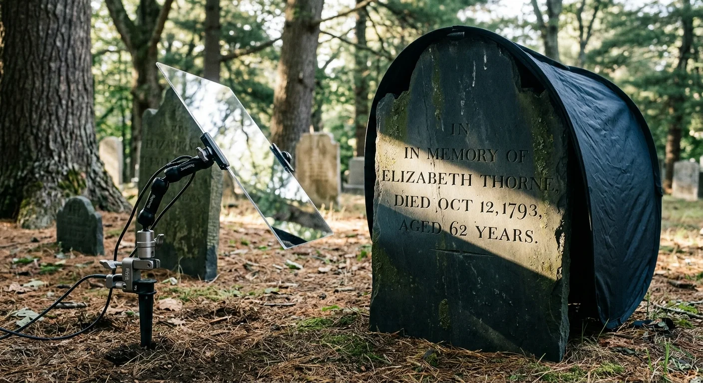 A small mirror on a ground stake reflects sunlight across the face of an antique headstone in a wooded cemetery.