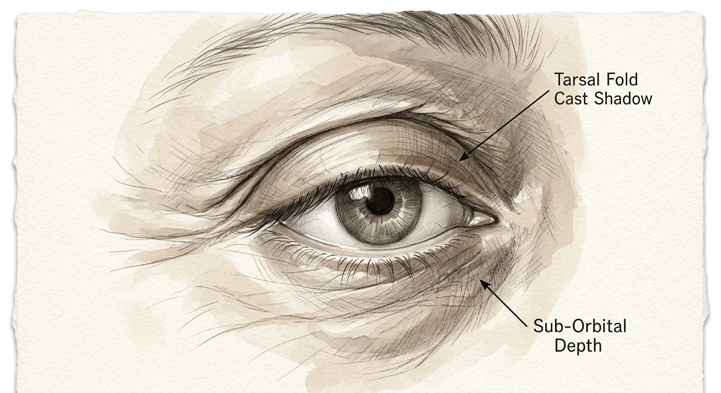 Pencil sketch of a human eye with anatomical labels pointing to the tarsal fold cast shadow and sub-orbital depth.