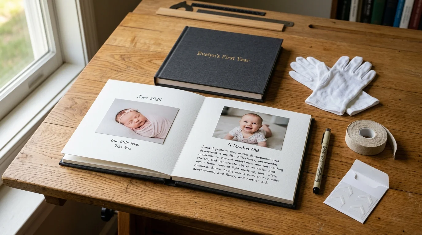 Open photo book with baby pictures, white handling gloves, tape, and photo corners on a wooden desk.