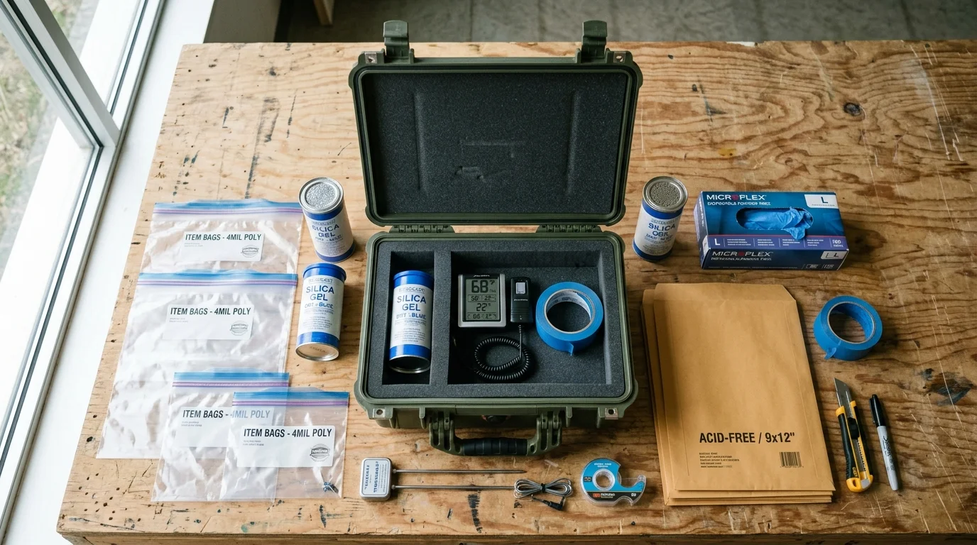 Open green hard case with foam cutouts surrounded by plastic bags, silica gel canisters, and envelopes on a workbench.