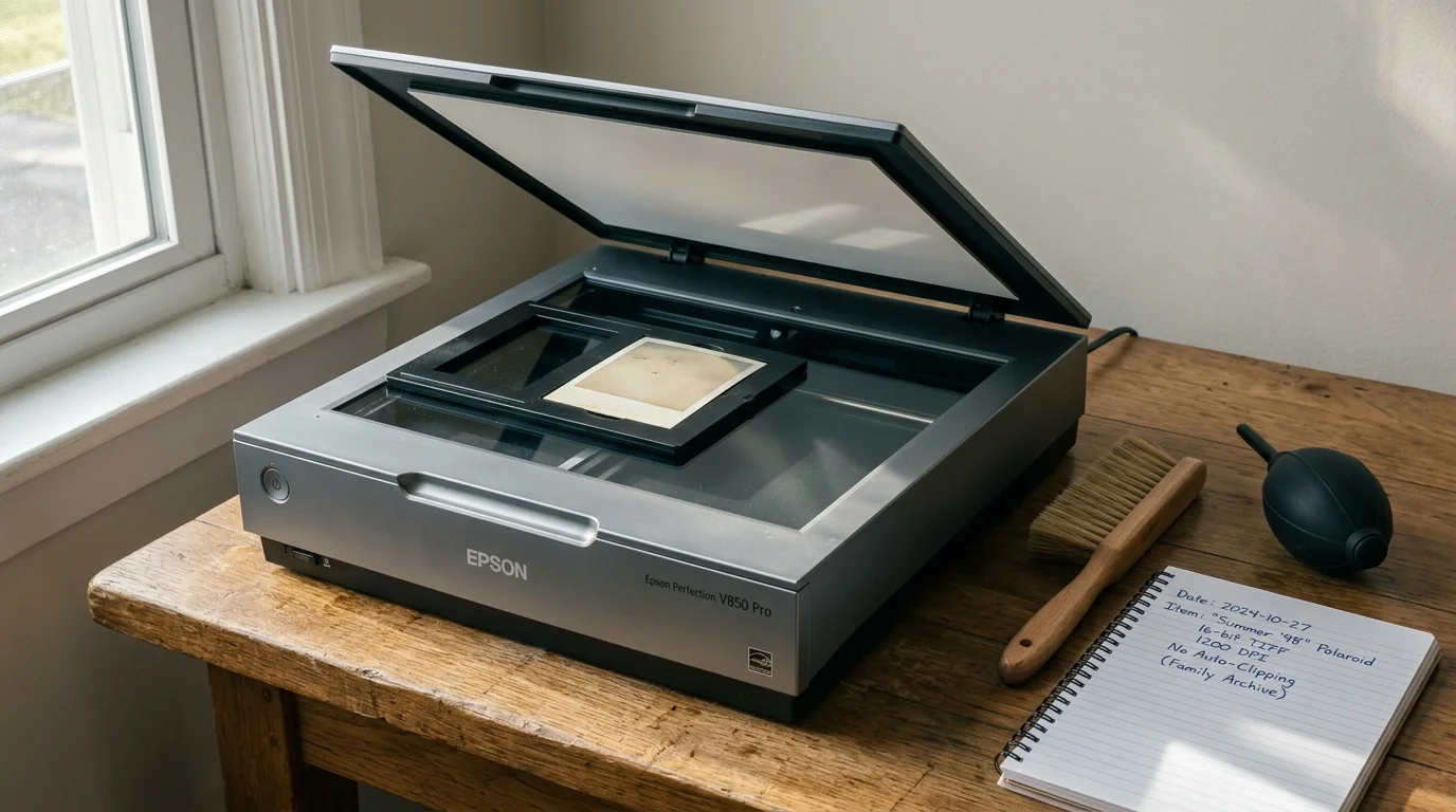 Open flatbed scanner on a wooden desk holding a Polaroid print, beside a brush, air blower, and handwritten notebook.